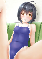 Rule 34 | 1girl, absurdres, ahoge, black hair, blue one-piece swimsuit, blush, ca paria, cleft of venus, commentary request, competition swimsuit, couch, covered navel, highleg, highres, idolmaster, idolmaster cinderella girls, kohinata miho, looking at viewer, one-piece swimsuit, short hair, sitting, solo, swimsuit