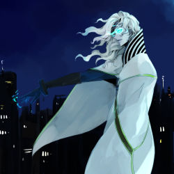 Rule 34 | 10s, 1boy, bad id, bad pixiv id, blue eyes, blue fire, cape, fire, gloves, glowing, glowing eyes, long hair, lunatic (tiger &amp; bunny), male focus, outdoors, pale skin, sky, solo, superhero costume, tiger &amp; bunny, whalebrother, white hair, yuri petrov