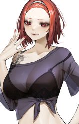 Rule 34 | 1girl, black bra, blush, bra, breasts, cleavage, eyeshadow, freckles, hairband, highres, large breasts, makeup, nail polish, norunollu, original, red eyes, red hair, red nails, see-through, see-through shirt, shadow, shirt, short hair, short sleeves, simple background, smile, solo, strap slip, tattoo, tied shirt, see-through shirt, underwear, upper body, white background, white hairband