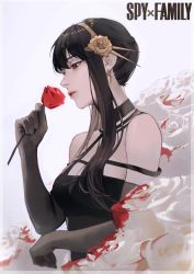 Rule 34 | 1girl, absurdres, black choker, black dress, black gloves, black hair, blood, breasts, choker, cleavage, copyright name, dress, earrings, elbow gloves, flower, from side, gloves, gold earrings, gold hairband, hair ornament, hairband, highres, holding, holding flower, jewelry, limart, lips, lipstick, long hair, looking ahead, makeup, medium breasts, parted lips, red eyes, red flower, red rose, rose, sidelocks, solo, spy x family, upper body, white flower, white rose, yor briar
