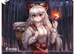 Rule 34 | 1girl, absurdres, artist name, baggy pants, bamboo, bamboo forest, bow, buttons, closed mouth, collared shirt, cowboy shot, fire, fire, forest, fujiwara no mokou, grey hair, hair bow, highres, long hair, long sleeves, looking at viewer, nature, night, ofuda, ofuda on clothes, outdoors, pants, pyrokinesis, red eyes, red pants, shirt, sidelocks, sleeve garter, smile, solo, suspenders, top-exerou, touhou, very long hair, wavy hair, white bow, white shirt