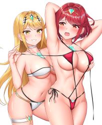 Rule 34 | 2girls, :d, adapted costume, armpits, arms behind head, arms up, bikini, black ribbon, blonde hair, blush, grabbing another&#039;s breast, breasts, choker, circlet, cleavage, collarbone, cowboy shot, dual persona, earrings, embarrassed, gem, grabbing, grabbing from behind, grin, highres, jewelry, large breasts, long hair, looking back, matching hair/eyes, multi-strapped bikini, multiple girls, mythra (xenoblade), navel, nemunemu semi, nintendo, o-ring, o-ring bikini, o-ring top, open mouth, pyra (xenoblade), red bikini, red eyes, red hair, ribbon, selfcest, shiny skin, short hair, side-tie swimsuit, sidelocks, simple background, skindentation, slingshot swimsuit, smile, stomach, swept bangs, swimsuit, teeth, thigh strap, underboob, very long hair, white background, white bikini, white choker, xenoblade chronicles (series), xenoblade chronicles 2, yellow eyes, yuri