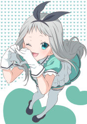 Rule 34 | 1boy, :3, :d, apron, black footwear, black hairband, black ribbon, blend s, blue eyes, collared dress, commentary request, dokushibuki, dress, frilled apron, frills, gloves, green background, green dress, grey hair, hair ornament, hair ribbon, hairband, hands up, heart, heart background, heart hair ornament, highres, kanzaki hideri, leaning forward, light blush, long hair, looking at viewer, male focus, one eye closed, open mouth, pleated dress, ribbon, short sleeves, simple background, smile, solo, thighhighs, trap, very long hair, white apron, white background, white gloves, white thighhighs, zettai ryouiki