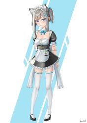 Rule 34 | 1girl, absurdres, alternate costume, animal ears, apron, arms behind back, back bow, black footwear, blue archive, blue eyes, blue ribbon, blush, bow, breasts, cat ears, cleavage, detached collar, enmaided, full body, grey hair, hair ribbon, highres, kayama kouji, long hair, maid, medium breasts, neck ribbon, open mouth, ribbon, shiroko (blue archive), short sleeves, sidelocks, solo, standing, thighhighs, twintails, waist apron, white apron, white thighhighs, wing collar, zettai ryouiki
