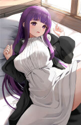 Rule 34 | 1girl, :o, absurdres, bed, breasts, clenched hand, dress, fern (sousou no frieren), gibun (sozoshu), highres, large breasts, long hair, open mouth, pillow, purple eyes, purple hair, solo, sousou no frieren, spread legs, thighs, very long hair, white dress, window