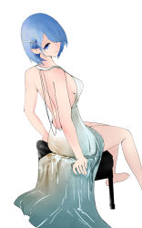 Rule 34 | 1girl, absurdres, alternate costume, aqua dress, azur lane, bare back, beefusteku, blue eyes, blue hair, breasts, chair, chapayev (azur lane), closed mouth, commentary, dress, english commentary, feet out of frame, from side, hair ornament, hair over one eye, hairclip, highres, legs, looking at viewer, looking back, medium breasts, medium hair, sideboob, sitting, solo, white background, white dress