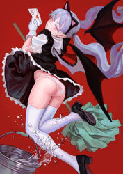 Rule 34 | 1girl, animal ears, artist name, ass, bat wings, black dress, black footwear, black hairband, blue hair, bucket, cat ears, commentary request, dress, fake animal ears, feiqizi (fkey), fkey, floating hair, from behind, gloves, hairband, hand up, high heels, highres, holding, holding letter, letter, long hair, looking at viewer, looking back, mop, original, panties, pink eyes, red background, shirt, shoe soles, short dress, simple background, solo, thighhighs, thighs, twintails, underwear, water, wedgie, white gloves, white panties, white shirt, white thighhighs, wings