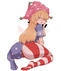Rule 34 | 1girl, @ @, absurdres, american flag legwear, ass, bad id, bad pixiv id, blonde hair, clownpiece, colored eyelashes, fairy wings, hat, highres, jester cap, long hair, looking at viewer, looking back, neck ruff, pantyhose, pantylines, pink eyes, pink hat, polka dot, short sleeves, simple background, sitting, solo, soya6479, star (symbol), star print, striped, thick eyebrows, touhou, transparent wings, white background, wings