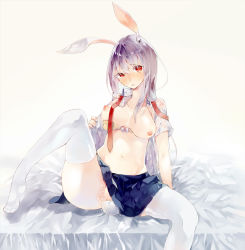 Rule 34 | 1girl, :&lt;, anal, anal object insertion, animal ears, arm support, bed, bed sheet, blush, bra, bra pull, clothes pull, collarbone, light purple hair, long hair, miniskirt, navel, object insertion, okimes, open clothes, open shirt, pale skin, pussy juice, rabbit ears, red eyes, reisen udongein inaba, see-through, shirt, sitting, skirt, solo, spread legs, thighhighs, touhou, underwear