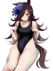 Rule 34 | 1girl, absurdres, alternate costume, animal ears, bare shoulders, black one-piece swimsuit, blush, breasts, brown hair, chestnut mouth, clothes writing, commentary, covered navel, cowboy shot, highleg, highleg swimsuit, highres, horse ears, horse girl, horse tail, long hair, one-piece swimsuit, purple eyes, purple headwear, rice shower (umamusume), romaji text, simple background, small breasts, solo, swimsuit, tail, tilted headwear, umainu 2002, umamusume, white background