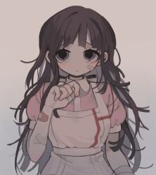 Rule 34 | 1girl, apron, arm at side, bandaged arm, bandaged hand, bandages, bandaid, bandaid on arm, bandaid on cheek, bandaid on face, blunt bangs, blunt ends, breasts, brown background, brown hair, closed mouth, collared shirt, colored inner hair, commentary, danganronpa (series), danganronpa 2: goodbye despair, fingernails, gradient background, grey background, grey hair, hair flaps, hair intakes, hand up, highres, looking to the side, multicolored apron, multicolored hair, pink shirt, puffy short sleeves, puffy sleeves, purple eyes, red apron, shirt, short sleeves, sidelocks, simple background, solo, straight-on, tsumiki mikan, two-tone apron, two-tone hair, upper body, white apron, yuanyuann