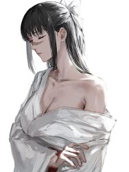 Rule 34 | 1girl, black hair, bow, breasts, cleavage, closed eyes, closed mouth, collarbone, commentary request, hair bow, highres, iori utahime, japanese clothes, jujutsu kaisen, kimono, large breasts, long hair, off shoulder, raberu ruru, scar, scar on face, solo, upper body, white background, white bow, white kimono