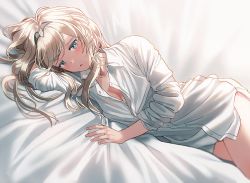 Rule 34 | 1girl, an-94 (girls&#039; frontline), blonde hair, blue eyes, blush, breasts, girls&#039; frontline, hairband, long hair, long sleeves, looking at viewer, lying, on bed, on side, open mouth, shirt, sidelocks, silence girl, sleeves rolled up, solo, thighs, white shirt