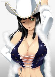 Rule 34 | 1girl, bare shoulders, black hair, breasts, cleavage, collarbone, cowboy hat, cross-laced clothes, fur-trimmed jacket, fur trim, green eyes, hat, highres, jacket, large breasts, long sleeves, looking at viewer, mattari yufi, medium hair, navel, nico robin, off shoulder, one eye closed, one piece, parted lips, smile, solo, white hat, white jacket