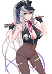 Rule 34 | 1girl, absurdres, black bikini bottom, black gloves, black hat, blue eyes, blush, bodystocking, breasts, bright pupils, commentary, cosplay, crop top, english commentary, fate/grand order, fate (series), gloves, grey hair, hair between eyes, hat, head wings, highres, horizontal pupils, indie virtual youtuber, kuon bb, large breasts, mole, mole under mouth, nail polish, necktie, partially fingerless gloves, peaked cap, pink necktie, pochimaru (vtuber), ponytail, red nails, sessyoin kiara, sessyoin kiara (swimsuit mooncancer), sessyoin kiara (swimsuit mooncancer) (cosplay), sessyoin kiara (swimsuit mooncancer) (second ascension), solo, teardrop facial mark, tentacle hair, torn bodystocking, torn clothes, traffic baton, virtual youtuber, white pupils, wings, zipper, zipper pull tab