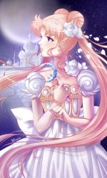 Rule 34 | 1girl, 2014, bad id, bad pixiv id, bishoujo senshi sailor moon, blonde hair, blue eyes, collarbone, crescent, crescent facial mark, dated, dress, earrings, facial mark, felicia-val, flower, hair flower, hair ornament, highres, holding, jewelry, long hair, moon, princess serenity, signature, solo, tsukino usagi, twintails, white dress, white flower