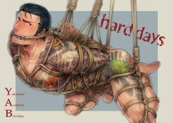 Rule 34 | 1boy, abs, ass, bara, barefoot, black hair, blush, drooling, feet, full-body tattoo, irezumi, male focus, muscular, nude, pectorals, restrained, rope, saliva, solo, sweat, tagme, tattoo, toes, yaoi