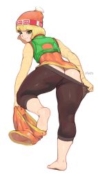 Rule 34 | 1girl, arms (game), ass, athosart, beanie, blonde hair, blunt bangs, clothes pull, green eyes, hat, highres, leggings, looking at viewer, looking back, min min (arms), nintendo, no mask, pantyhose, seductive smile, shorts, shorts pull, smile, solo, undressing, white background