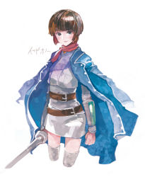 Rule 34 | 1girl, atlus, brown hair, coat, highres, isabeau (megami tensei), looking at viewer, shin megami tensei, shin megami tensei iv, short hair, simple background, solo, sword, thighhighs, weapon, white background, xero