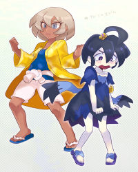 Rule 34 | 1boy, 1girl, acerola (pokemon), acerola (pokemon) (cosplay), ahoge, allister (pokemon), armlet, bea (pokemon), black hair, blonde hair, blue dress, blue shirt, blush, chiimako, clenched hands, closed mouth, coat, collarbone, commentary request, cosplay, creatures (company), crossdressing, dress, eyelashes, flip-flops, frown, game freak, hair between eyes, hala (pokemon), hala (pokemon) (cosplay), hands up, knees, legs apart, looking down, multicolored clothes, multicolored dress, nintendo, open clothes, open coat, open mouth, pigeon-toed, pokemon, pokemon sm, pokemon swsh, purple eyes, sandals, shirt, short hair, short sleeves, shorts, standing, stitches, tearing up, toes, tongue, torn clothes, torn dress, white shorts, yellow coat