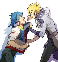 Rule 34 | 2boys, angry, belt, black pants, blonde hair, blue hair, blue shirt, bruno (yu-gi-oh!), clothes grab, coat, dangle earrings, earrings, elbow gloves, facing to the side, fighting, gloves, hands up, highres, imminent fight, imminent injury, jack atlas, jacket, jewelry, male focus, multiple boys, open clothes, open jacket, pants, raised fist, scared, shirt, short hair, short hair with long locks, shoulder spikes, simple background, sleeves rolled up, spikes, sweatdrop, t-shirt, white background, white coat, youko-shima, yu-gi-oh!, yu-gi-oh! 5d&#039;s
