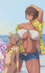 Rule 34 | 2girls, beach, bikini, blonde hair, blue eyes, breasts, bright pupils, brown hair, collarbone, covered erect nipples, dark-skinned female, dark skin, day, hand on another&#039;s chest, height difference, highres, huge breasts, kei (m k), m k, multiple girls, ocean, original, outdoors, petite, ponytail, red eyes, rika (m k), short hair, short shorts, shorts, stomach, sweat, swimsuit, tall, tall female, thighs, white pupils, yuri