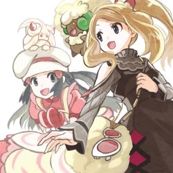 Rule 34 | 2girls, alcremie, alcremie (strawberry sweet), apron, bag, black hair, blurry, brown dress, brown hair, commentary request, creatures (company), dawn (palentine&#039;s 2021) (pokemon), dawn (pokemon), dress, eye contact, eyelashes, floating hair, from below, game freak, gen 5 pokemon, gen 8 pokemon, grey eyes, hair ornament, hairclip, hat, holding strap, long hair, long sleeves, looking at another, multiple girls, nail polish, nikuzaiku, nintendo, official alternate costume, on head, open mouth, pink dress, pink nails, pokemon, pokemon (creature), pokemon masters ex, pokemon on head, serena (palentine&#039;s 2021) (pokemon), serena (pokemon), short sleeves, shoulder bag, sidelocks, smile, sunglasses, tongue, unworn eyewear, whimsicott, white-framed eyewear