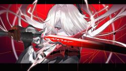 Rule 34 | 1girl, acheron (honkai: star rail), black gloves, commentary request, gloves, hair intakes, hair over one eye, holding, holding sword, holding weapon, honkai: star rail, honkai (series), katana, letterboxed, long hair, looking at viewer, official alternate color, red eyes, solo, srpzk, sword, upper body, weapon, white hair