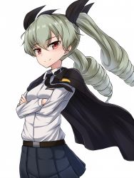 Rule 34 | 10s, 1girl, anchovy (girls und panzer), belt, black ribbon, black skirt, cape, collared shirt, crossed arms, dress shirt, drill hair, girls und panzer, green hair, hair ribbon, highres, long hair, long sleeves, looking at viewer, miniskirt, necktie, pleated skirt, red eyes, ribbon, school uniform, shirt, skirt, smile, solo, twin drills, twintails, upper body, white shirt, yakob labo
