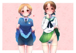 Rule 34 | 2girls, artist name, bike shorts, bike shorts under skirt, black neckerchief, black necktie, black shorts, blouse, blue skirt, blue sweater, blush, border, braid, brown eyes, brown hair, closed mouth, clothes lift, commentary, dress shirt, emblem, flying sweatdrops, girls und panzer, green skirt, heart, itsumip, lifted by self, long sleeves, looking at viewer, miniskirt, multiple girls, neckerchief, necktie, ooarai school uniform, orange pekoe (girls und panzer), outside border, parted bangs, parted lips, pink background, pleated skirt, sailor collar, sawa azusa, school uniform, serafuku, shirt, short hair, shorts, signature, skirt, skirt lift, smile, st. gloriana&#039;s (emblem), st. gloriana&#039;s school uniform, standing, sweater, twin braids, v-neck, white border, white sailor collar, white shirt, white shorts, wing collar