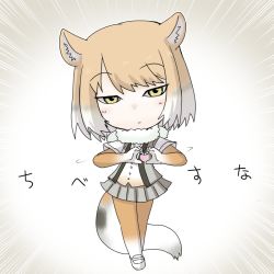 Rule 34 | 10s, 1girl, animal ears, blonde hair, buttons, chibi, closed mouth, emphasis lines, expressionless, fox ears, fox tail, full body, fur collar, gloves, grey hair, hands up, heart, heart hands, ikkyuu, kemono friends, looking at viewer, necktie, open clothes, open vest, pantyhose, shirt, short hair, skirt, solo, standing, standinh, tail, tibetan fox (kemono friends), tsurime, vest, white hair, yellow eyes