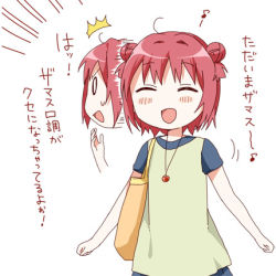 Rule 34 | 0 0, 1girl, :d, ^^^, ^ ^, akaza akari, bag, casual, closed eyes, double bun, hair bun, handbag, jewelry, lowres, musical note, namori, necklace, open mouth, red hair, simple background, smile, solo, translation request, white background, yuru yuri