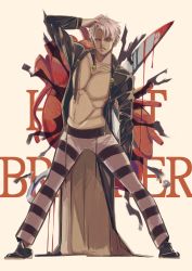 Rule 34 | 1boy, absurdres, black sclera, blood, colored sclera, hand in own hair, hand on own head, heart (organ), highres, jojo no kimyou na bouken, kuroda (nenonen), long sleeves, looking at viewer, male focus, razor, red eyes, risotto nero, scissors, short hair, solo, white hair