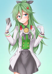 Rule 34 | 1girl, alternate costume, anti (untea9), black ribbon, black skirt, blouse, blush, breasts, brooch, cellphone, collared shirt, cowboy shot, gloves, gradient background, green background, green hair, green shirt, hair between eyes, hair flaps, hair ornament, hair ribbon, hairclip, highres, jacket, jewelry, kantai collection, lips, long sleeves, looking at viewer, medium breasts, phone, ribbon, shirt, skirt, smartphone, solo, white gloves, white jacket, yamakaze (kancolle)