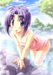 Rule 34 | 1girl, :o, arm support, bent over, blush, eyebrows, flat chest, highres, looking at viewer, naked towel, onsen, open mouth, princess waltz, purple eyes, purple hair, scan, shikikagura suzushiro, short hair, solo, takeya masami, towel, v arms, wading, water