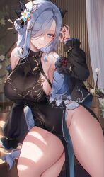 Rule 34 | 1girl, absurdres, bare shoulders, black dress, breasts, dress, earrings, genshin impact, grey hair, gz (gyoju), hair ornament, hair over one eye, hand up, highres, jewelry, large breasts, long hair, long sleeves, looking at viewer, no panties, official alternate costume, one eye covered, parted lips, pelvic curtain, shenhe (frostflower dew) (genshin impact), shenhe (genshin impact), sideboob, solo, thighhighs
