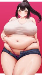 Rule 34 | 1girl, absurdres, bare arms, bare shoulders, belly, belly grab, black hair, breasts, cleavage, collarbone, commission, fat, fat rolls, freckles, high ponytail, highleg, highleg panties, highres, large breasts, looking at viewer, mil k vanilla, muffin top, original, panties, pixiv commission, plump, ponytail, pubic hair, see-through, see-through sports bra, short shorts, shorts, sidelocks, solo, sports bra, stained clothes, standing, sweat, sweaty clothes, underwear, veins, veiny breasts, wet, wet clothes, white sports bra, yellow eyes