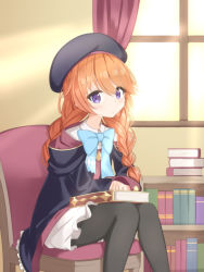 Rule 34 | 1girl, beret, black coat, black hat, blue bow, blush, book, bow, braid, chair, closed mouth, coat, hair over shoulder, hat, highres, hood, hood down, hooded coat, indoors, long hair, looking at viewer, on chair, open clothes, open coat, princess connect!, purple eyes, sitting, solo, twin-7646, twin braids, yuni (princess connect!)