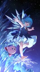 Rule 34 | 1girl, 1other, adapted costume, barefoot, bloomers, blue bow, blue dress, blue eyes, blue hair, bow, cirno, dress, enoki 3106, fairy, full body, hair bow, highres, ice, ice wings, kirby, kirby (series), looking at viewer, nintendo, open mouth, short hair, signature, smile, touhou, underwear, white bloomers, wings