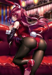 Rule 34 | 1girl, absurdres, animal ear fluff, animal ears, annoyed, ass, blurry, blurry background, blush, breasts, brown eyes, closed mouth, couch, fake animal ears, fake tail, from behind, hair ornament, hanikami kanojo, high heels, highres, hinoura nanaka, indoors, leotard, lips, long hair, looking at viewer, looking back, pantyhose, piromizu, playboy bunny, rabbit tail, red hair, red leotard, scan, simple background, small breasts, solo, tail, wrist cuffs