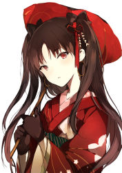 Rule 34 | 1girl, alternate costume, black gloves, black hair, black ribbon, blonde hair, commentary, earrings, fate/grand order, fate (series), female focus, floral print, gloves, hair ribbon, holding, holding umbrella, hoop earrings, ishtar (fate), ishtar (formal dress) (fate), japanese clothes, jewelry, kimono, long hair, long sleeves, lpip, neck, obi, oil-paper umbrella, parted bangs, parted lips, red eyes, red kimono, ribbon, sash, simple background, solo, standing, tohsaka rin, two side up, type-moon, umbrella, upper body, white background, wide sleeves
