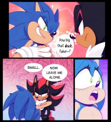 Rule 34 | 2boys, :o, absurdres, animal ears, animal nose, black fur, blue fur, comic, english text, foxieskullzartz, frown, gasp, gloves, green eyes, hand on own chest, heart, hedgehog, hedgehog ears, highres, looking at another, meme, multiple boys, one eye closed, open mouth, red eyes, red fur, sega, shadow the hedgehog, smirk, snout, sonic (series), sonic (series), sonic the hedgehog, sparkle, speech bubble, surprised, teeth, upper teeth only, white fur, white gloves, wink