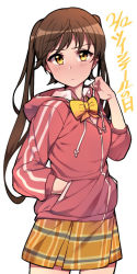 Rule 34 | 10s, 1girl, alternate hairstyle, blush, bow, brown hair, hand in pocket, honda mio, hood, hooded track jacket, idolmaster, idolmaster cinderella girls, jacket, jp06, long hair, skirt, solo, track jacket, twintails, twintails day, yellow eyes