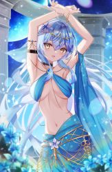 Rule 34 | 1girl, ahoge, arm strap, armpits, arms up, bangle, bare arms, blue hair, blue nails, blue shirt, blue skirt, blurry, blurry foreground, bracelet, breasts, brooch, choker, circlet, crossed wrists, dancer, flower, hair flower, hair ornament, harem outfit, heart, heart ahoge, highres, hololive, jewelry, looking at viewer, matsumoto yuu, medium breasts, nail polish, navel, shirt, skirt, sleeveless, sleeveless shirt, snowflake print, solo, stomach, virtual youtuber, yellow eyes, yukihana lamy