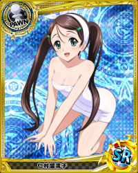 Rule 34 | 10s, 1girl, aqua eyes, argyle, argyle background, argyle clothes, artist request, blue background, brown hair, card (medium), character name, chess piece, hair ornament, hairclip, halftone, halftone background, high school dxd, long hair, magic circle, naked towel, nimura ruruko, official art, pawn (chess), solo, towel, towel on head, trading card, twintails, white towel