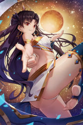 Rule 34 | 1girl, armlet, ass, asymmetrical legwear, asymmetrical sleeves, back, bare shoulders, black bow, black hair, bow, breasts, butt crack, closed mouth, detached collar, earrings, fate/grand order, fate (series), hair bow, heavenly boat maanna, hoop earrings, ishtar (fate), jewelry, long hair, looking at viewer, medium breasts, neck ring, parted bangs, pelvic curtain, planet, pointing, pointing at viewer, red eyes, single sleeve, single thighhigh, smile, solo, soranoslayers, star (sky), stirrup legwear, thighhighs, thighlet, thighs, tiara, toeless legwear, two side up, uneven legwear, uneven sleeves, venus (planet), weapon