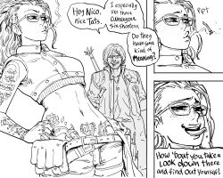 Rule 34 | 1boy, 1girl, :d, absurdres, arm tattoo, bb (baalbuddy), belt, cigarette, closed eyes, coat, commentary, crop top, dante (devil may cry), devil may cry (series), devil may cry 5, english commentary, english text, facial hair, fingernails, freckles, glasses, greyscale, grin, heart, heart tattoo, highres, looking at viewer, midriff, monochrome, mouth hold, multiple belts, nail polish, navel, nico (devil may cry), open mouth, ponytail, pouch, pubic tattoo, short hair, shorts, simple background, smile, smoke, smoking, solo focus, spitting, stubble, sword, tattoo, tongue, tongue out, weapon, weapon on back, white background