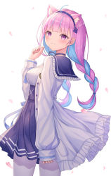 Rule 34 | 1girl, ahoge, animal ears, blue hair, blue hairband, blunt bangs, blush, braid, breasts, cat ears, closed mouth, hairband, highres, hololive, jacket, long hair, long sleeves, looking at viewer, medium breasts, minato aqua, minato aqua (sailor), multicolored hair, pantyhose, petals, pink eyes, pink hair, seungju lee, simple background, smile, solo, standing, two-tone hair, virtual youtuber, white background, white jacket, white pantyhose