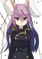 Rule 34 | 1girl, :&lt;, adapted costume, animal ears, black jacket, hair between eyes, hashiro, jacket, long hair, long sleeves, looking at viewer, necktie, one-hour drawing challenge, purple hair, rabbit ears, red eyes, red necktie, reisen udongein inaba, shirt, solo, touhou, upper body, white background, white shirt