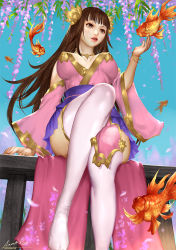 Rule 34 | 1girl, ariverkao, bangle, bracelet, breasts, breasts apart, brown eyes, brown hair, choker, cleavage, dated, detached sleeves, feet out of frame, fish, flower, flying fish, from below, gold trim, goldfish, grey eyes, hair flower, hair ornament, hand up, hime cut, jewelry, large breasts, lips, lipstick, long hair, looking at another, makeup, miniskirt, no shoes, on railing, original, parted lips, purple skirt, railing, red lips, signature, sitting, skirt, solo, thighhighs, white thighhighs, wide sleeves, wisteria